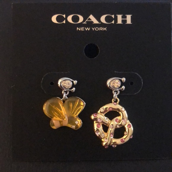 Coach Bumblebee & Pretzel Mismatch Drop Earrings With Signature C & Crystal NWT - Picture 8 of 13